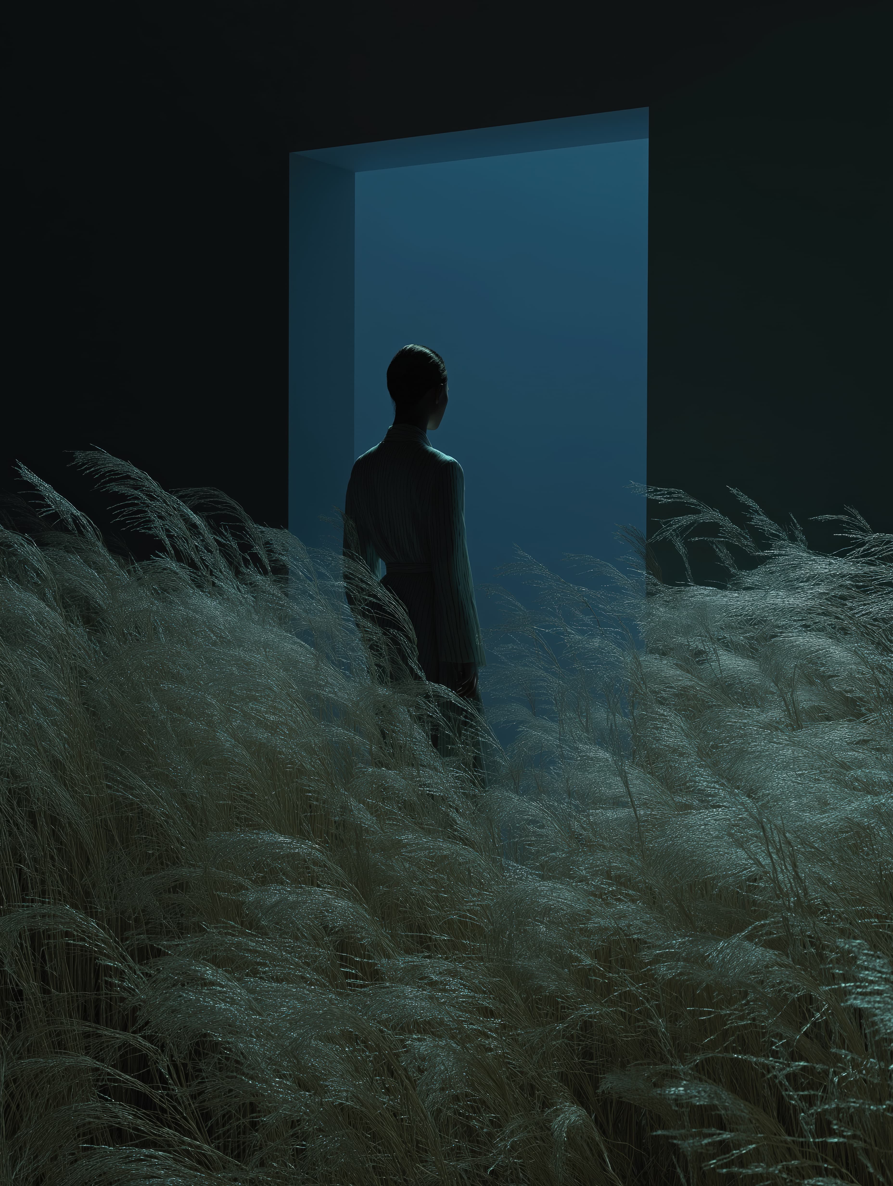 Person standing in a field of tall grass. the person is facing away from the camera, with their back towards the viewer.
